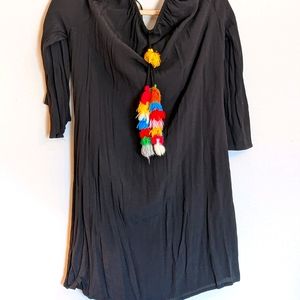 Black Cold Shoulder Bright Pom Pom Tassel Dress